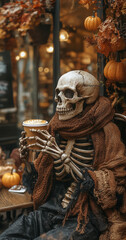 Obraz premium a skeleton with a scarf enjoys a pumpkin spice latte in a coffee shop in fall,