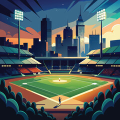 Baseball Field at Night, With Bright Stadium Lights Illuminating the Field and Players Ready for Action. Vector art Illustraion 