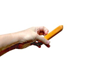 Young woman hand holding sausage isolated on white background. Erectile Dysfunction. Sex concept