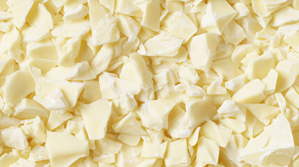Obraz premium a close-up, top-down view of diced white chocolate flakes spread across the entire frame, filling the image with its creamy white color and delicate texture in irregular pieces