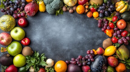 A flat lay of colorful fruits and vegetables arranged in a circle with space for text