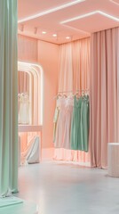 Elegant boutique interior featuring soft pastel colors and stylish dresses arranged in a modern retail environment.