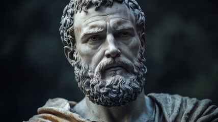 Statue of a bearded man in Greek style, lit dramatically.