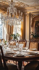 Elegant dining room featuring a lavish chandelier, ornate table settings, and rich decor, perfect for formal gatherings.