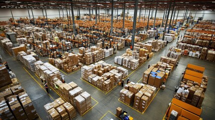 Warehouse workers managing goods in large distribution center