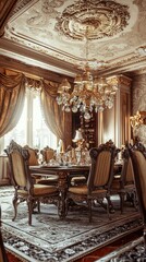 Elegant dining room with ornate decor, chandelier, and rich furnishings, perfect for luxurious gatherings and celebrations.