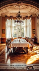 Elegant dining room with warm lighting, featuring a long table, chandelier, and stylish decor, perfect for gatherings.