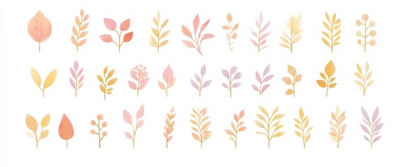 Hand drawn fall foliage moderns with wildflowers, maples, leaves, eucalyptus, maple and branches. Ideal for cards, prints or graphics.