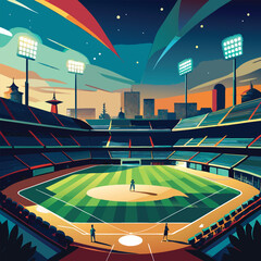 Baseball Field at Night, With Bright Stadium Lights Illuminating the Field and Players Ready for Action. Vector art Illustraion 