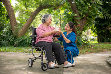 Elderly woman in a wheelchair holding a cup of milk young healthcare worker stands assisting take care providing drink interaction reflects attentive caregiving, support is healthy treatment concept.