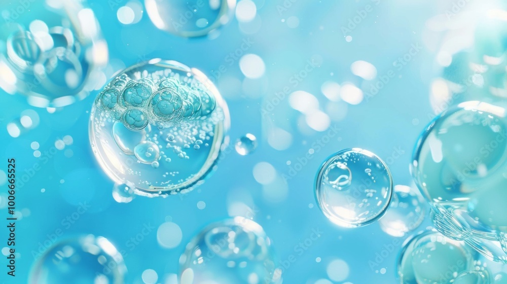 Poster a blue background with many small, clear bubbles floating in the air