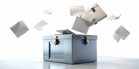 Obraz premium Defying Gravity: Close-Up of Ballots Rising into Floating Ballot Box - A Powerful Visual Concept Emphasizing Every Vote's Importance on Isolated White Background