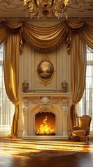 Elegant fireplace in a luxurious room with golden drapery, graceful chandelier, and warm fire creating a cozy atmosphere.