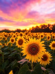 Obraz premium Vast field of vibrant sunflowers glowing under a colorful sunset sky, with pink, orange, and purple hues Wideangle shot, soft natural light, warm and serene atmosphere