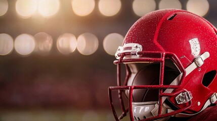 Naklejka premium Red football helmet, front view, with blurred stadium lights in background