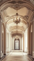 Fototapeta premium Elegant hall adorned with chandeliers, showcasing classic architecture and intricate details in a spacious, luxurious corridor.
