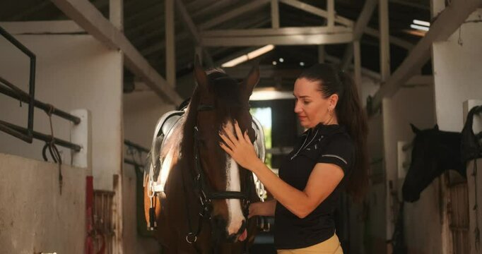 Young woman rider in equestrian uniform standing in stable next to her horse and petting it. Horseback riding training. Love and affection for domestic brown horse. Authentic village barn.