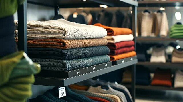 3D clothing mockup of a cozy cardigan folded neatly on a store shelf, with other winter clothing nearby