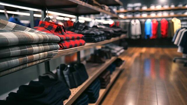 3D clothing mockup of a cozy flannel shirt folded on a store shelf, with other casual clothing around