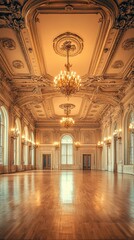 Elegant interior of a grand hall featuring ornate chandeliers and detailed architecture, perfect for upscale events or gatherings.