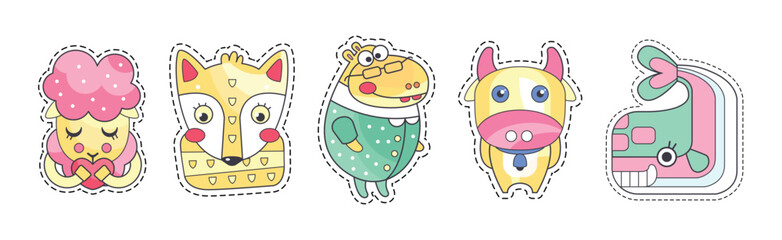 Cute Animal Sticker or Patch with Pretty Mammal Vector Set