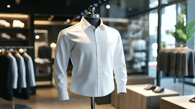 3D mockup of a formal dress shirt on a mannequin, displayed in a high-end clothing store