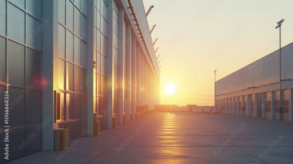 Poster a large building with a long hallway and a sun shining through the windows