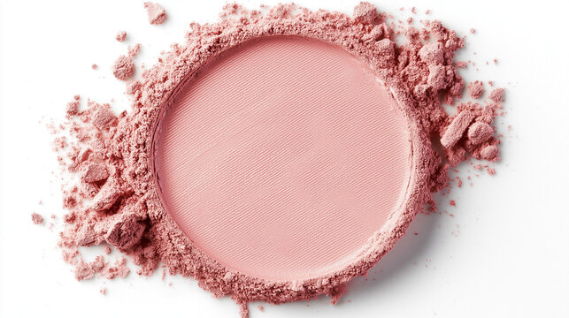 a rounded pan of soft pink powder blush on a white background
