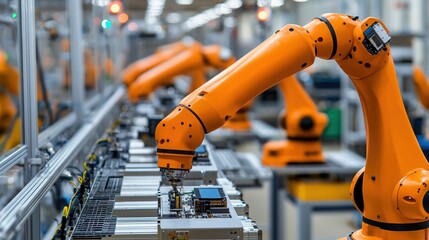Advanced robotic arm in a modern factory setting, showcasing automation technology in manufacturing processes.