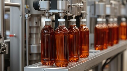 Automated production line showcasing transparent bottles filled with amber liquid during manufacturing process.