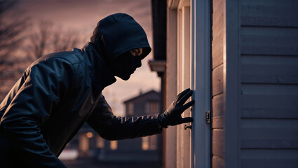 Masked thief breaking into suburban home at dusk