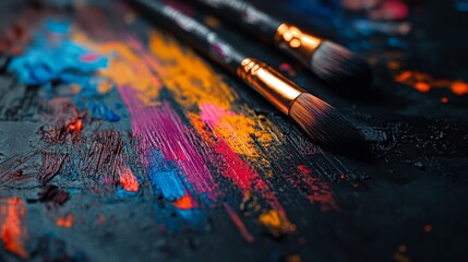 Fototapeta premium The image highlights vivid paintbrushes and colorful strokes on canvas, forming an abstract art piece expressive of creativity and emotion.
