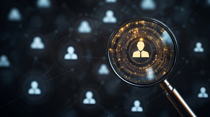 A digital magnifying glass highlights a user profile on a dark background, illustrating focus on data security.