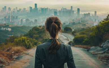 Businesswoman walking on a road leading to a city skyline