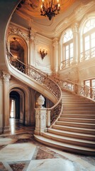 Elegant staircase with ornate railings and large windows, showcasing luxurious architecture and sophisticated design elements.