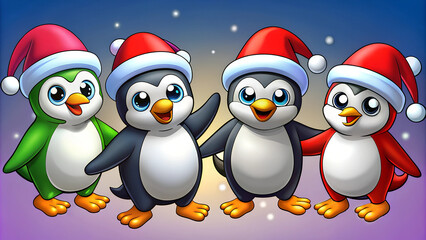 Fototapeta premium four cute penguins enjoying Christmas