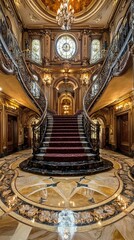 Obraz premium Elegant staircase with ornate details and luxurious decor, illuminated by stunning chandeliers and grand architecture.