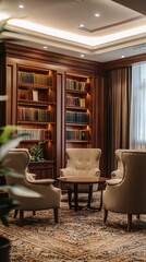 Elegant study room featuring cozy seating, a wooden bookshelf, and warm lighting, perfect for reading or relaxation.