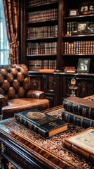 Elegant study with leather armchair, antique books, and rich wood decor, perfect for conveying sophistication and knowledge.