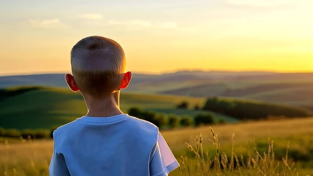 A child without hair, standing on a hilltop, smiling as they look out over the landscape, representing their hopeful outlook despite cancer