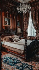 Fototapeta premium Elegant vintage bedroom featuring a wooden bed, stylish chandelier, and ornate curtains, creating a cozy atmosphere.