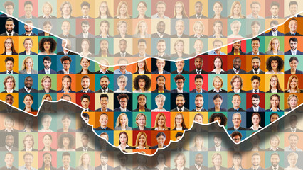 Business Handshake vor Panorama aus bunten Business Portraits