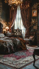 Elegant vintage bedroom with ornate decor, plush bedding, and rich curtains exuding charm and sophistication.