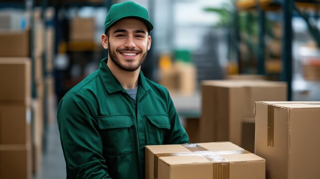 Delivery Worker in Green Attire Holding Boxes