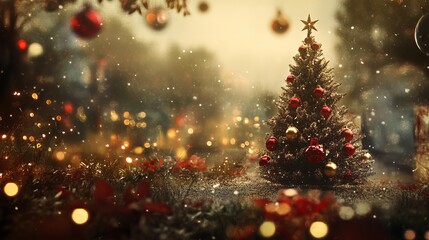 Naklejka premium Festive Christmas Scene with Decorated Tree, Sparkling Lights, and Cozy Holiday Atmosphere