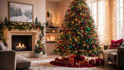 Decorated christmas tree is standing in a cozy living room with a lit fireplace