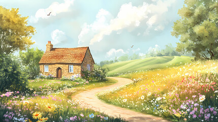 Enchanting english cottage garden rolling hills with wildflower meadows charming stone cottage winding paths soft pastel color palette. Rolling Meadows. Illustration