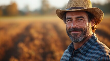 Fototapeta premium Smiling middle-aged farmer wearing a straw hat standing in a golden field at sunset, embodying rural life and agriculture
