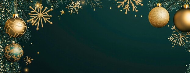 Merry Christmas green background with hanging golden snowflakes and ornaments. Christmas banner, new year poster, web banner, Xmas decor.