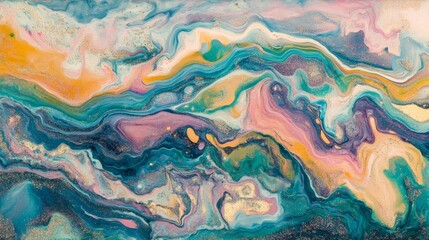 Deep, intricate abstract painting with flowing colors of teal, gold, and pink perfect for large-format canvas prints